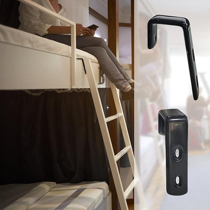 4pcs Iron Bunk Bed Ladder Brackets, PVC Coated Stainless Steel Angled Ladder Hooks Heavy Duty Hardware Utility Hook Loft Bed Hanger (Black)