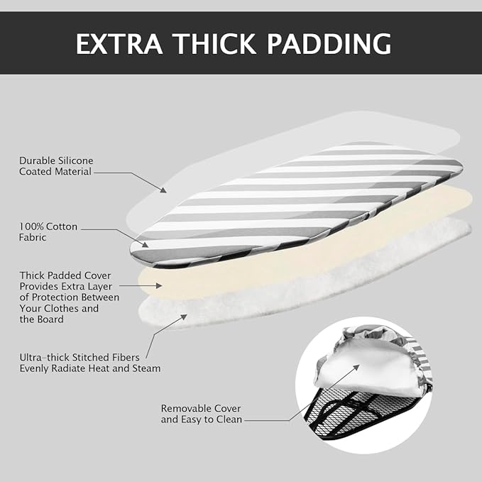 SheeChung Small Ironing Board 12"x32" Foldable Ironing Board with Cotton Cover and Pad,Tabletop Compact Ironing Broad with Retractable Hook & Skidproof Feet for Small Spaces Laundry Room,Grey Striped