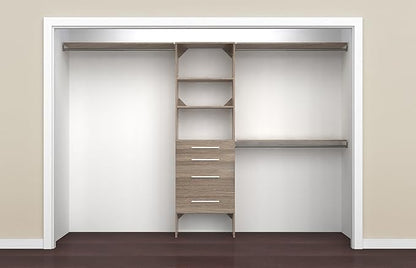 ClosetMaid SuiteSymphony Wood Closet Organizer Kit with Tower, 3 Hang Rods, Top Shelves, 4 Drawers, Modern Adjustable, Fits Spaces 6-10 ft. Wide, Natural Grey
