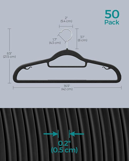 SONGMICS Pack of 50 Coat Hangers, Heavy-Duty Plastic Hangers with Non-Slip Design, Space-Saving Clothes Hangers, 0.2” Thickness, 360° Swivel Hook, 16.5” Long, Black and Gray