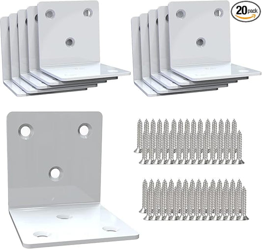 White Stainless Steel Corner Bracket,Joint Right Angle Bracket,L Shape Heavy Duty Metal Corner Brace Hardware Brackets Supporter for Wood Aufuga (20, 2x2x2)