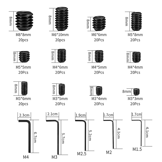 240 Pcs Allen Head Screws, Hex Socket Head Screws, Grub Screw Set, M3/M4/M5/M6/M8 Metric Stainless Steel Internal Hex Drive Cup-Point Screw Assortment Kit for Door Handles, Light Fixture(Black)