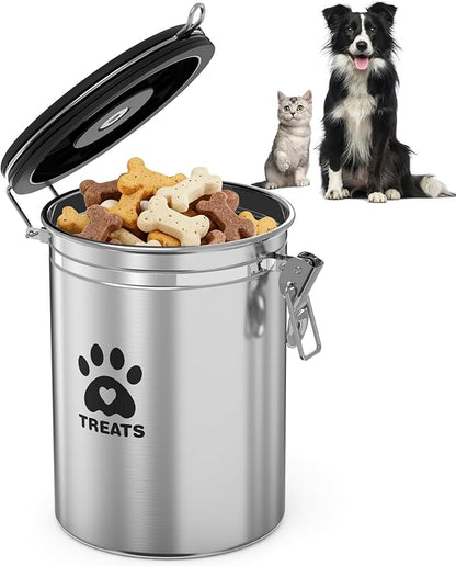 Dog Treat Container Airtight- 7.2"x4.7" /1.8L Stainless Steel Cat Treat Jar for Kitchen Counter with Scoop, Pet Storage for Fresh Dog Cookie