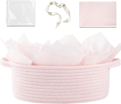 OIAHOMY Gift Basket with Handle, Small Woven Basket with Gift Bag, Ribbon and Wrap Tissue Paper, Nursery Bins Empty to Fill with Small Items, Baby, Pet Toy Organizer - Pink