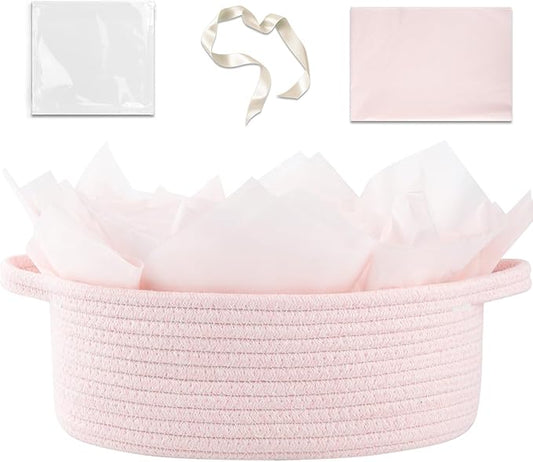 OIAHOMY Gift Basket with Handle, Small Woven Basket with Gift Bag, Ribbon and Wrap Tissue Paper, Nursery Bins Empty to Fill with Small Items, Baby, Pet Toy Organizer - Pink