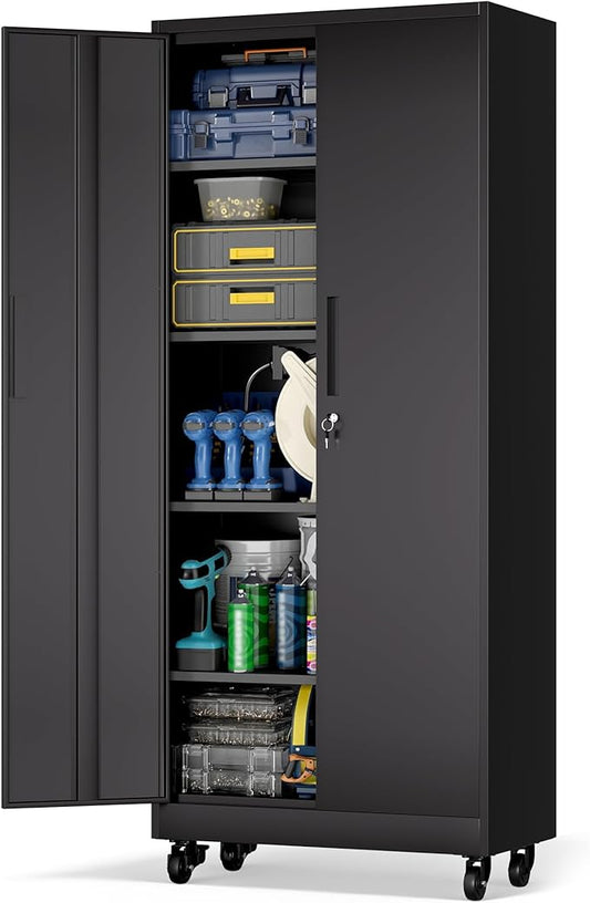 Garage Metal Storage Cabinet with Lock, 71'' Tall Storage Cabinet with Adjustable Shelves and Doors, Rolling Tool Cabinet on Wheels for Garage, Utility Room