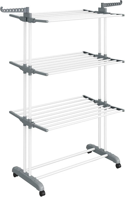 SONGMICS Clothes Drying Rack Stand 4-Tier, Foldable Laundry Drying Rack 68.1-Inch Tall, Steel, Rolling Clothes Horses Dryer Rack, Easy to Assemble, Indoor Outdoor Use, White ULLR701W01