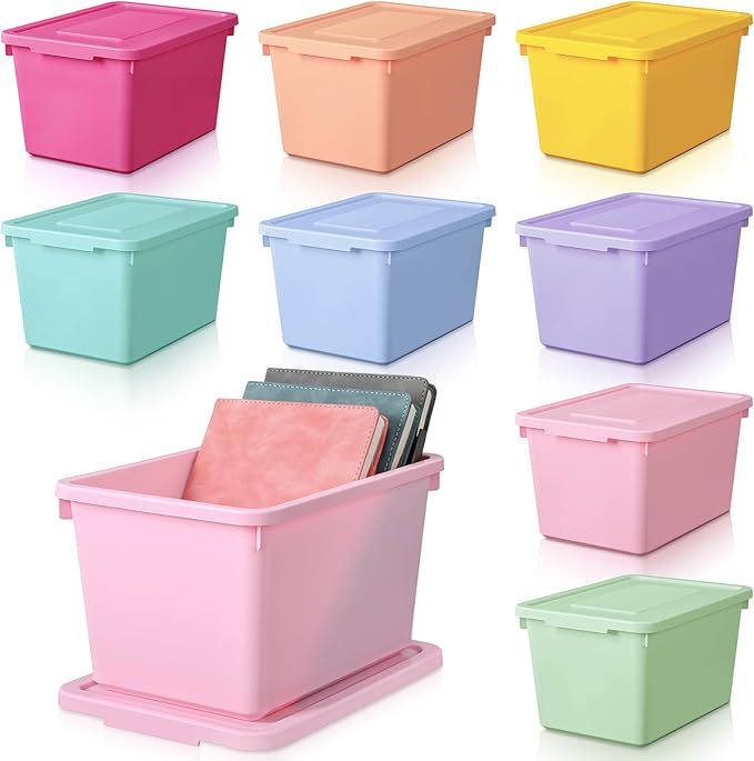 8 Pack Cute Plastic Storage Bins with Lids Decorative Stackable Storage Boxes 9.8" ×7.3" ×5.7" Small Storing Totes for Organizing Craft Office Supplies (Mixed Color)