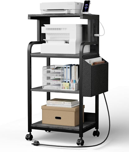 Tall Printer Stand with Storage, 4-Tier Mobile Printer Cart with Adjustable Shelf & Side Bag, Heavy Duty Printer Table with Built-In Charging Station for Home Office, Fits Scanner, Fax Machine, Grey