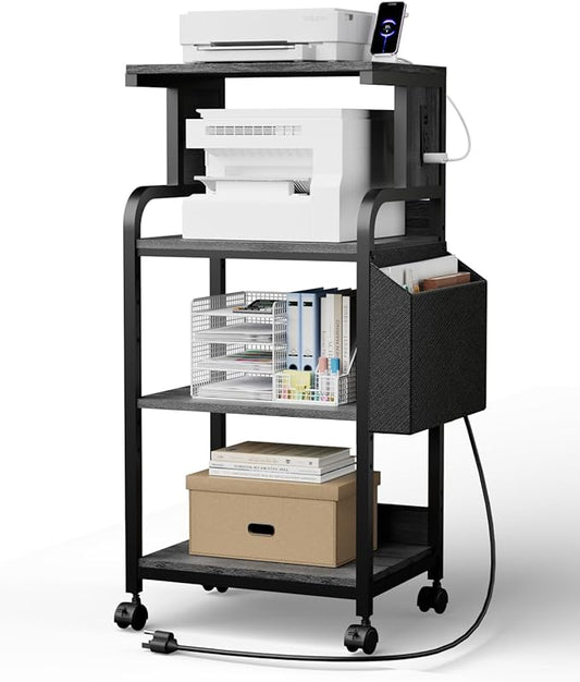 Tall Printer Stand with Storage, 4-Tier Mobile Printer Cart with Adjustable Shelf & Side Bag, Heavy Duty Printer Table with Built-In Charging Station for Home Office, Fits Scanner, Fax Machine, Grey
