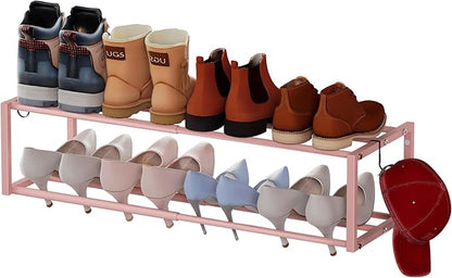 Expandable Wall Mounted Shoe Rack, 17"-31" Adjustable Hanging Shoe Rack Holds 8 Pairs, Heavy Duty Metal Shoe Holder with 2 Storage Hooks, Space Saving for Entryway Closet Doorway（Pink）