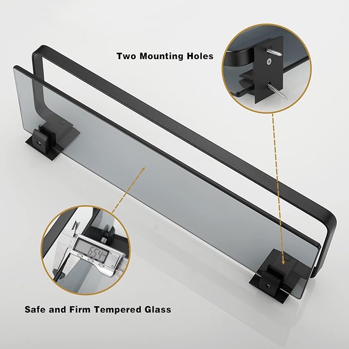 VOLPONE Glass Shelf for Bathroom 15.7 in Black Bathroom Shelves Wall Mounted Tempered Glass Shelving with 2 Removable Hooks (1 Tier)