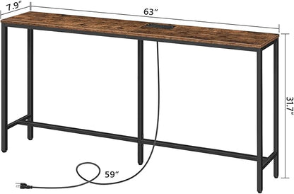 63" Console Table with Power Outlet, Narrow Sofa Table, Industrial Entryway Table with USB Ports, Behind Couch for Entryway, Hallway, Foyer, Living Room, Bedroom, Rustic Brown CTHR16E01Z