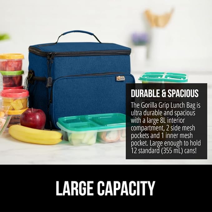 GORILLA GRIP Insulated Lunch Box Bag, Large Capacity, Leakproof Reusable Soft Cooler Bags, Mesh Pockets and Adjustable Strap, Food Tote for Work Camping School, Keep Drinks Cold, 8L, 10x9, Navy Blue