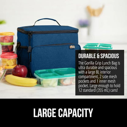 GORILLA GRIP Insulated Lunch Box Bag, Large Capacity, Leakproof Reusable Soft Cooler Bags, Mesh Pockets and Adjustable Strap, Food Tote for Work Camping School, Keep Drinks Cold, 8L, 10x9, Navy Blue