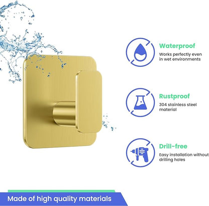 Gold Hooks for Hanging Heavy Duty, Adhesive Hooks for Shower, Bathroom, Kitchen, Robe, Towel, Coat, Waterproof & Rustproof Hook for Walls No Damage, Stainless Steel Sticky Hook - 4 Pack