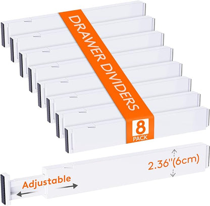 Lifewit 8 Pack 2.36" High Drawer Dividers 40-56cm/16-22 Adjustable Drawer Organizer for Clothes/Utensils, Expandable Drawer Separator in Dresser/Kitchen/Bedroom/Office Organization & Storage White