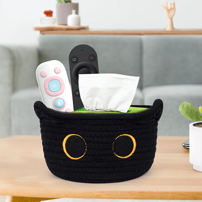 Small Storage Basket, Black Cat Cotton Rope Baskets Woven Blasket for Nursery, Blanket Basket Baby Toy Storage Organizer With Ears for Gifts Cat Dog Bin Toys 8.5×4.5 inches