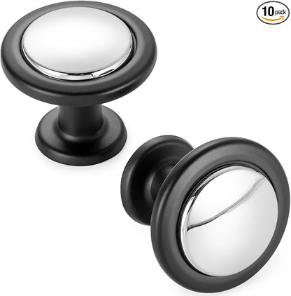 KOOFIZO 10 Pack Chrome and Black Kitchen Cabinet Knobs Polished Chrome and Black Drawer Knobs 1960 Round Single Hole Cabinet Pulls for Cabinets Drawers Dresser Cupboard Bedroom Bathroom