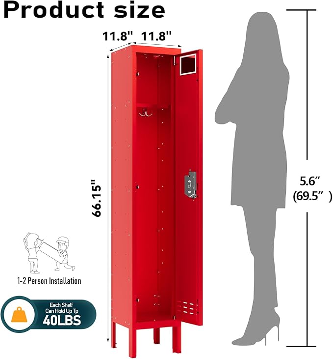 Metal Storage Locker with Lock & Card Slot Locker - Secure Lockable Door - Steel Locker for School, Office, Gym, Home - 66.15" H x 11.8" W x 11.8" D（1 Door, Red）
