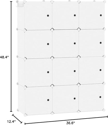 C&AHOME Cube Storage Organizer with Doors, 12-Cube Shelves, Closet Cabinet, DIY Plastic Modular Bookshelf Ideal for Bedroom, Living Room, 36.6”L x 12.4”W x 48.4”H Milky USHS3012M-DOOR