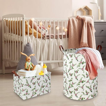Large Round Canvas Linen Laundry Hamper,Waterproof Storage Bin for Books/Clothes, Laundry Basket, Gift Basket(Eucalyptus leaves)