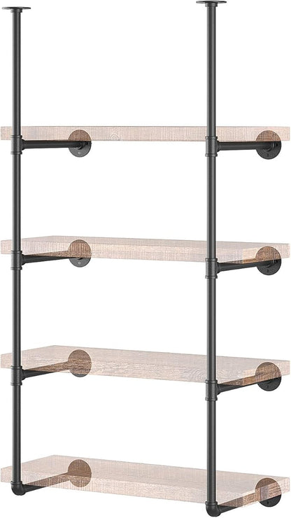 Yuanshikj 2Pc (56" Tall 12" deep 3/4") Industrial Wall Mount Iron Pipe Shelf Shelves Shelving Bracket Black Bookshelf Bookcase DIY Storage Office Kitchen (4Tier Hardware only)