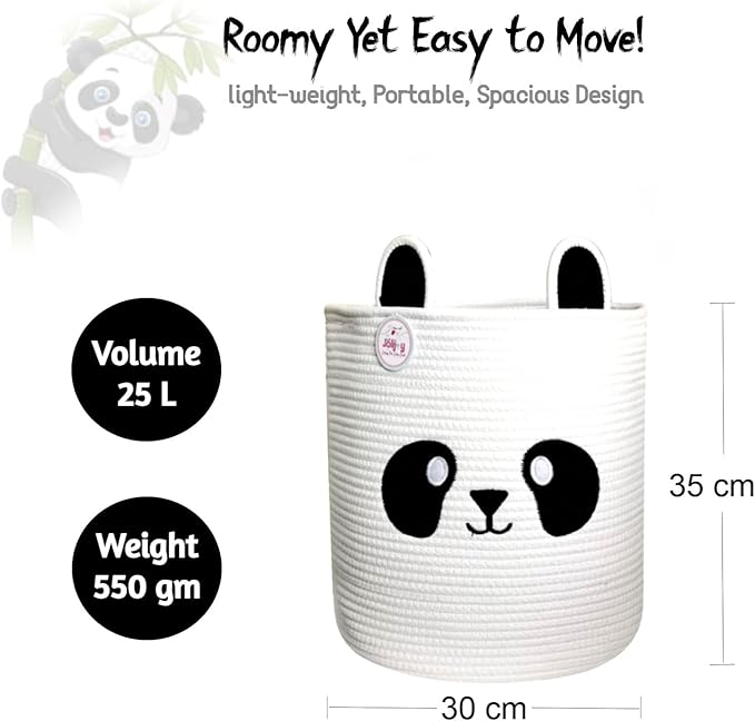 Collapsible Laundry Baskets for Kids & Toy Storage Organizer | Large Panda Woven Cotton Rope Bin for Stuffed Plushies | Cute Animal Face Hamper with Cutout Handles for Nursery, Playroom & more (Panda)