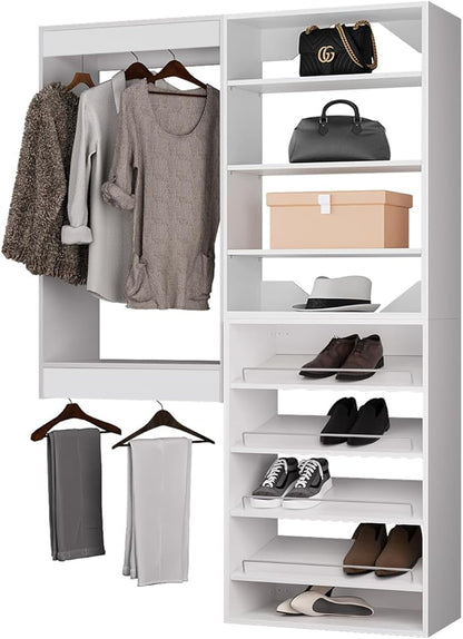 ROOMTEC Modular Closet System, 40" Wall Mounted Closet Organizer with Hanging Rods and Shoe Shelf, Wooden Tower for Walk-In Closets, Wardrobe Storage Kit, White