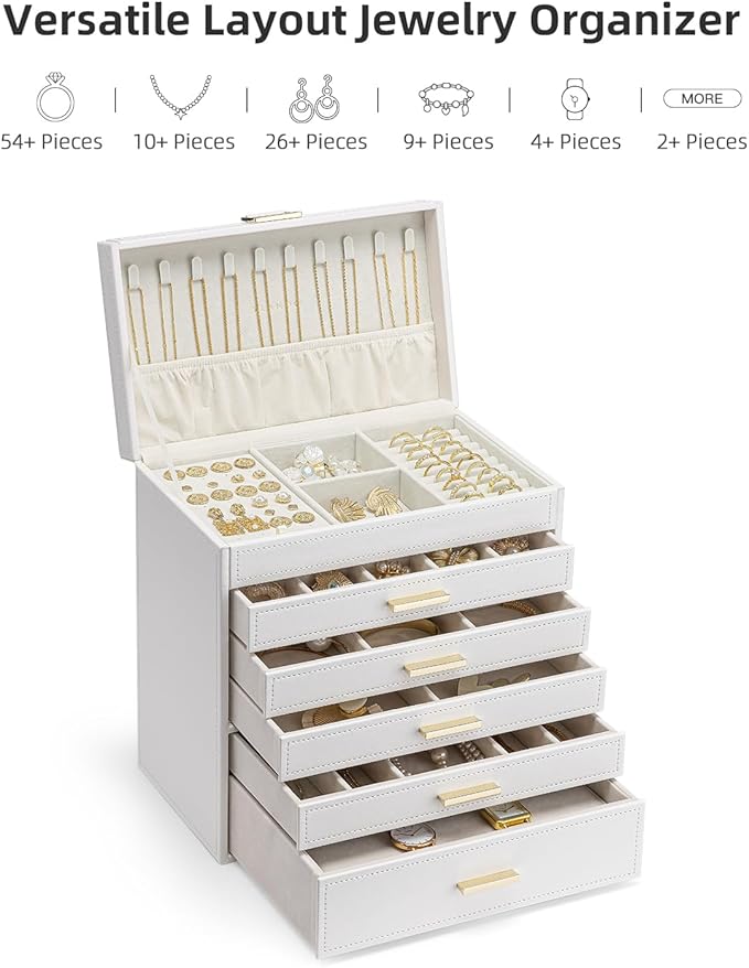 Vlando 6 Layer Large Jewelry Box - Jewelry Holder Organizer, Jewelry Box Organizer for Drawer Necklace Ring Bracelet and Watch, Birthday Gift for Loved Ones - Beige