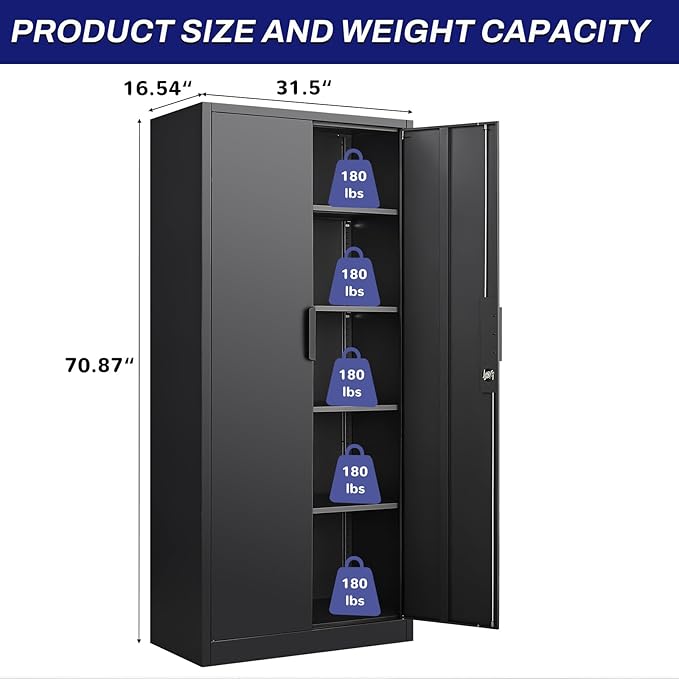 LUCYPAL Metal Storage Cabinet with 4 Shelves,Steel Office Storage Cabinet with Locking Doors,70.8”H Metal Cabinet for Home Office,Garage,Black