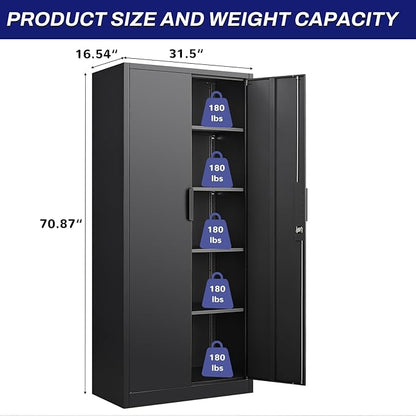LUCYPAL Metal Storage Cabinet with 4 Shelves,Steel Office Storage Cabinet with Locking Doors,70.8”H Metal Cabinet for Home Office,Garage,Black