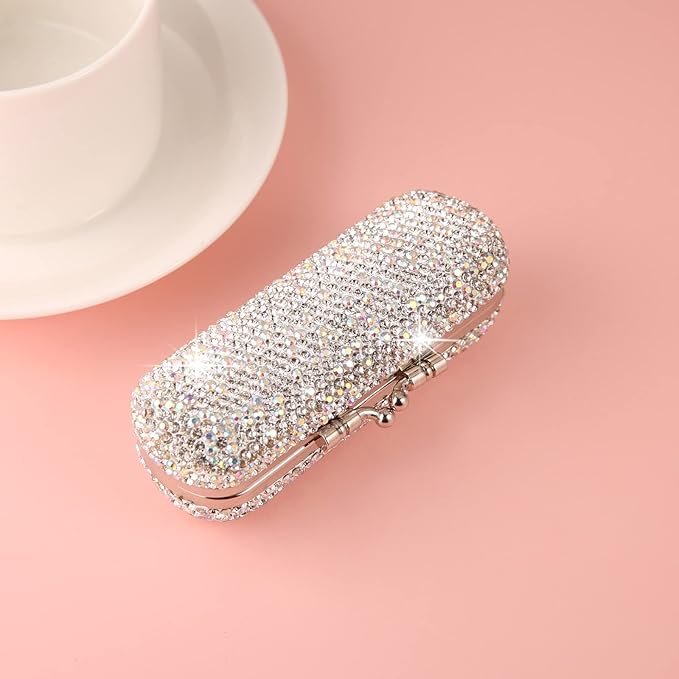 AsAlways Shiny Rhinestone Crystal Portable Lipstick Case with Mirror Portable Bling Diamonds Makeup Cosmetic Storage Holder for Travel Ladies Fashion