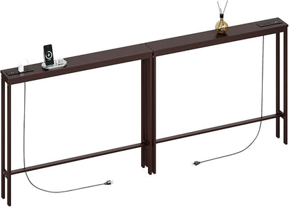 ELYKEN 2 Pack 5.9" Narrow Console Sofa Table with Power Outlets, 5.9" Dx39.4 Wx31.1 H Bamboo Behind Couch Table with Charge Station, Brown