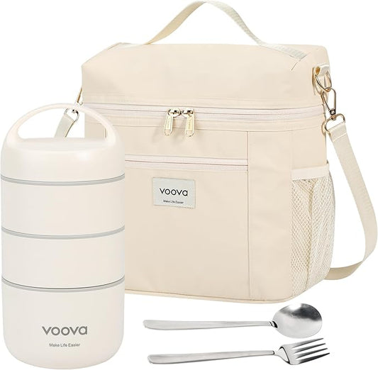 Voova Stackable Stainless Steel Thermal Lunch Box with Lunch Bag and Cultery Set for Adult Women Men, 3 Tier Leakproof & Microwave Safe Insulated Bento Boxes Food Container for Work, Beige