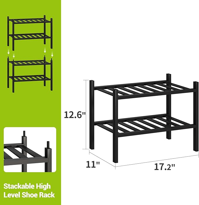 BMOSU 2-Tier Bamboo Small Shoe Rack Premium Stackable Shoe Shelf Storage Organizer for Hallway Closet Living Room Entryway Organizer (Black Bamboo)