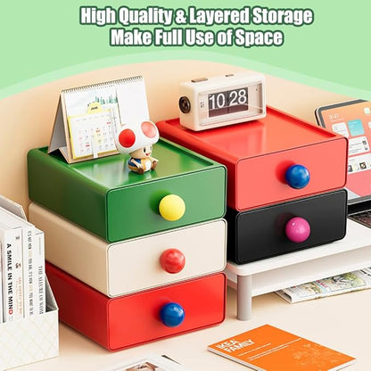4Pcs Desk Organizer, FHDUSRYO Stackable Desktop Storage Box with Drawer, Large Desk Drawer Organizer with Cute Handle, Plastic Makeup Storage Drawer, Desk Organizer and Accessories for Home Office