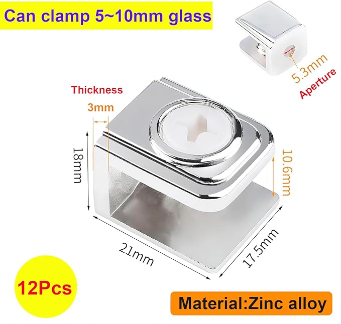 Qrity 12 PCS Glass Clip Holders - Adjustable Wall Mount Clamps for 5-10mm Glass Shelves