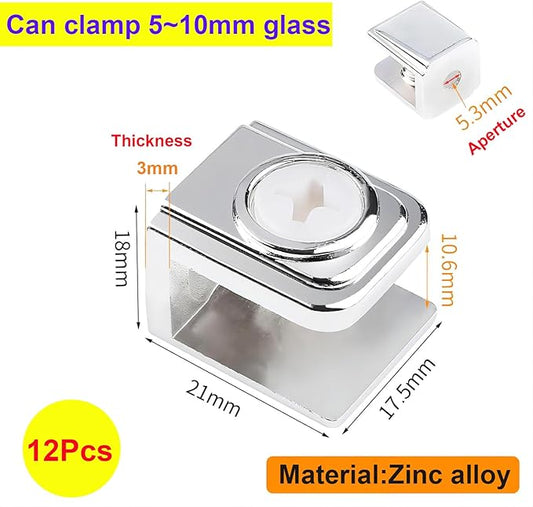 Qrity 12 PCS Glass Clip Holders - Adjustable Wall Mount Clamps for 5-10mm Glass Shelves