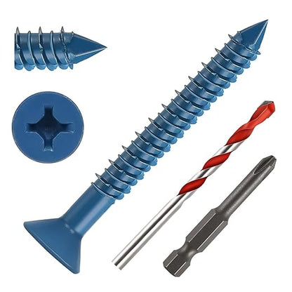 3/16" x 2-1/4" Concrete Screws, 50 PCS Blue Flat Head Concrete Screws Anchor Kit for Masonry, Cement, Block, Brick or Stucco