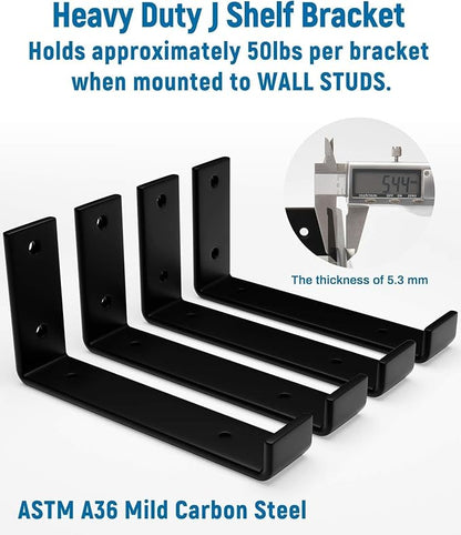 LEOPO 10 inch Shelf Brackets 4-Pack ,1/5 inch Thick Heavy Duty Industrial Bracket for DIY Floating Shelf Support, Black Coated Wall Shelf Support 9.25” x 6” x 1.5”