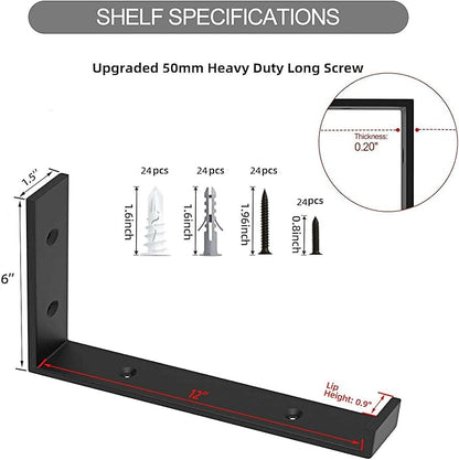 Shelf Brackets 12 Inch, Strong Heavy Duty Floating Shelf Brackets Pack of 12, Industrial Metal Iron Matte Black Shelving Brackets 1/5 Inch Thick Brackets for Shelves 12 PCS