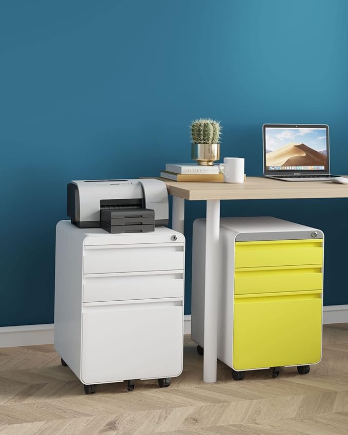 Dripex 3 Drawer File Cabinet, Metal Filing Cabinets with Lock Wheels & Hanging Rail for A4/Legal/Letter File, Anti-tilt Under Desk Design, Lockable Rolling Mobile File Cabinet for Home Office (Yellow)