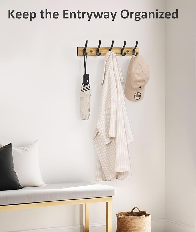 Coat Rack Wall Mount, 16.5 Inches Wood Coat Hooks Wall Mount, Wall Coat Rack with 5 Hooks, Hat Rack Wall Hooks for Hanging Coat, Bag, Towel (2Pack, Natural)