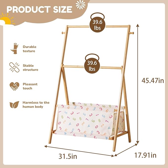 Kids Clothing Rrack- Kids Dress Up Rack for Little Girls, Bamboo Kids Clothes Rack, Toddler Dress Up Storage Rack & Folding Costume Rack, Double Rods, Pets Clothes Rack with Storage, Number
