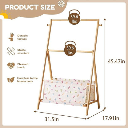 Kids Clothing Rrack- Kids Dress Up Rack for Little Girls, Bamboo Kids Clothes Rack, Toddler Dress Up Storage Rack & Folding Costume Rack, Double Rods, Pets Clothes Rack with Storage, Number