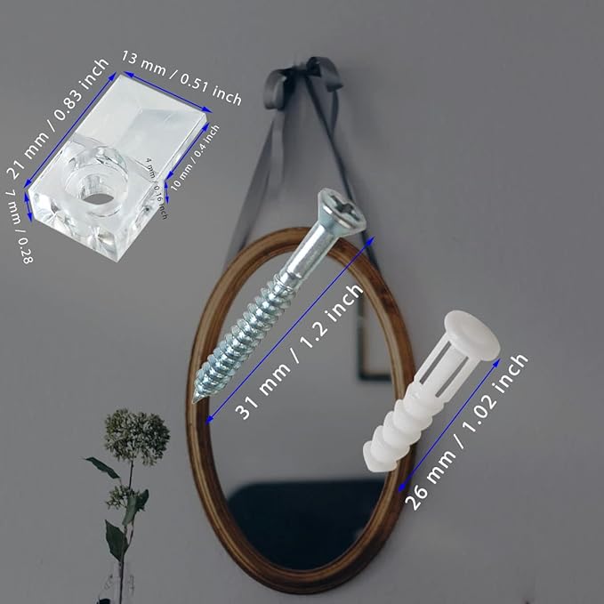 20 Set Mirror Holder Clips Kit, Glass Retainer Clips, Clear Plastic, Wall & Door Mount