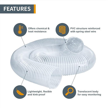 POWERTEC 4" x 20' Flexible PVC Dust Collection Hose with 2 Stainless Steel Key Hose Clamps for Table Saw, Band Saw, Planer, Jointer, Woodworking and Garage, Woodshop Dust Collection System (70244V)