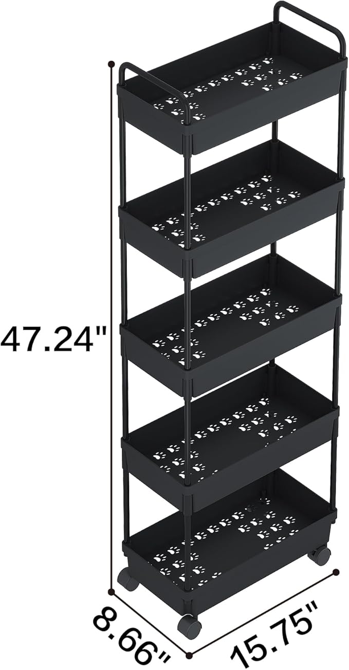 Buzowruil Rolling Storage Cart 5 Tier Organizer Mobile Shelving Unit Storage Rolling Utility Cart with Wheels for Kitchen Bathroom Laundry,Black