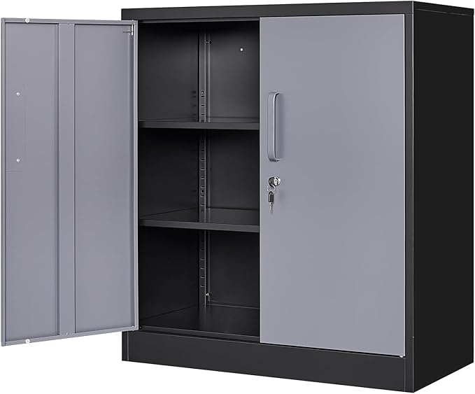 Metal Storage Cabinets with Locking Doors & 2 Adjustable Shelves, Lockable Steel Office Cabinets, Counter Caninet Small Locking Cabnet Locked Tool Cabnets for Home, Office, Garage, Hallway